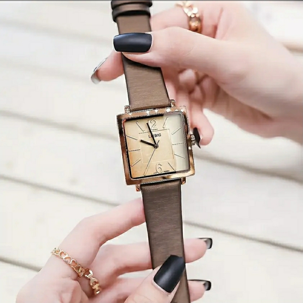 NEW! Golden Coffee Square Quartz Watch with Brown Leather Strap - Picture 6 of 12